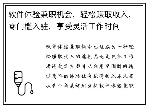 软件体验兼职机会，轻松赚取收入，零门槛入驻，享受灵活工作时间